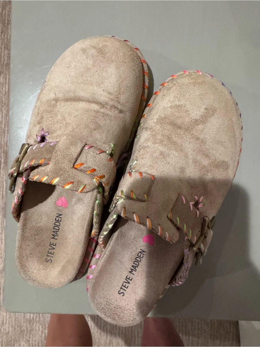Steve Madden Kids Taupe Suede Slip-On Clogs with Multicolor Stitching
